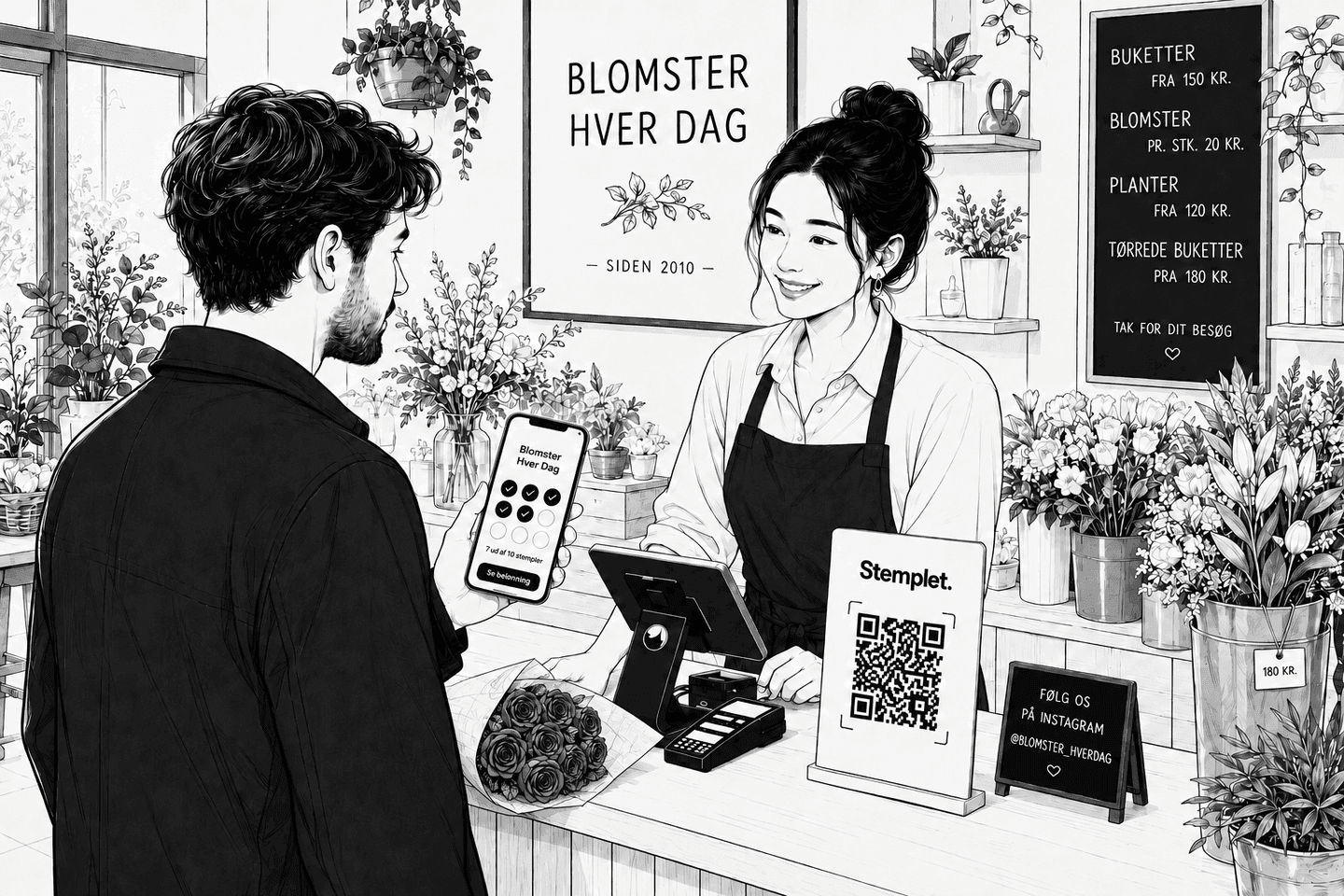 Kunde i blomsterbutikken scanner Stemplet-koden og har sit stempelkort i Apple Wallet på telefonen.