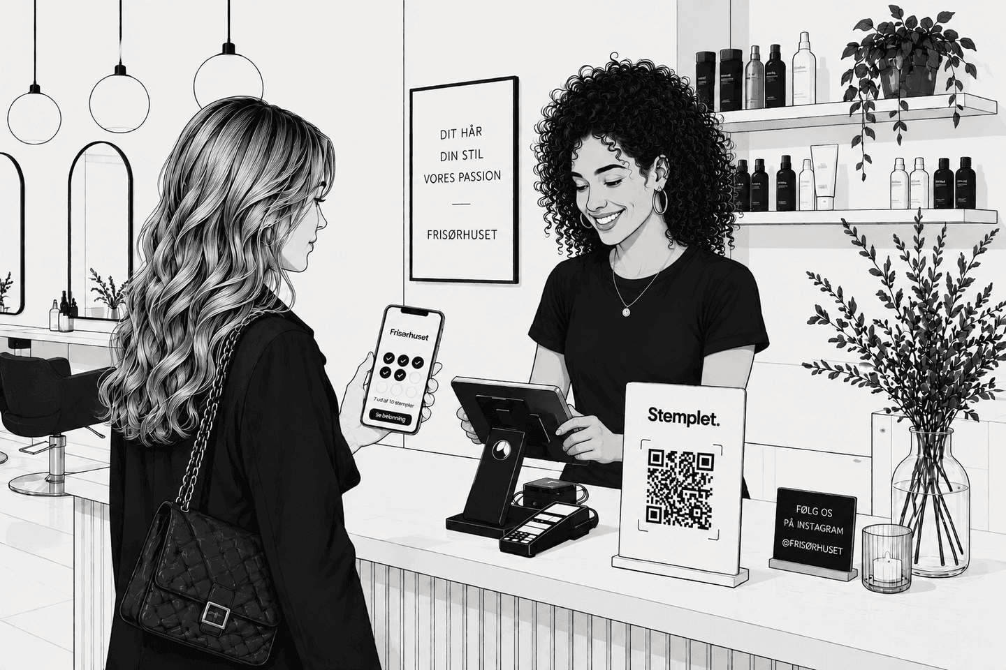 Kunde i frisørsalonen scanner Stemplet-koden og har sit stempelkort i Apple Wallet på telefonen.
