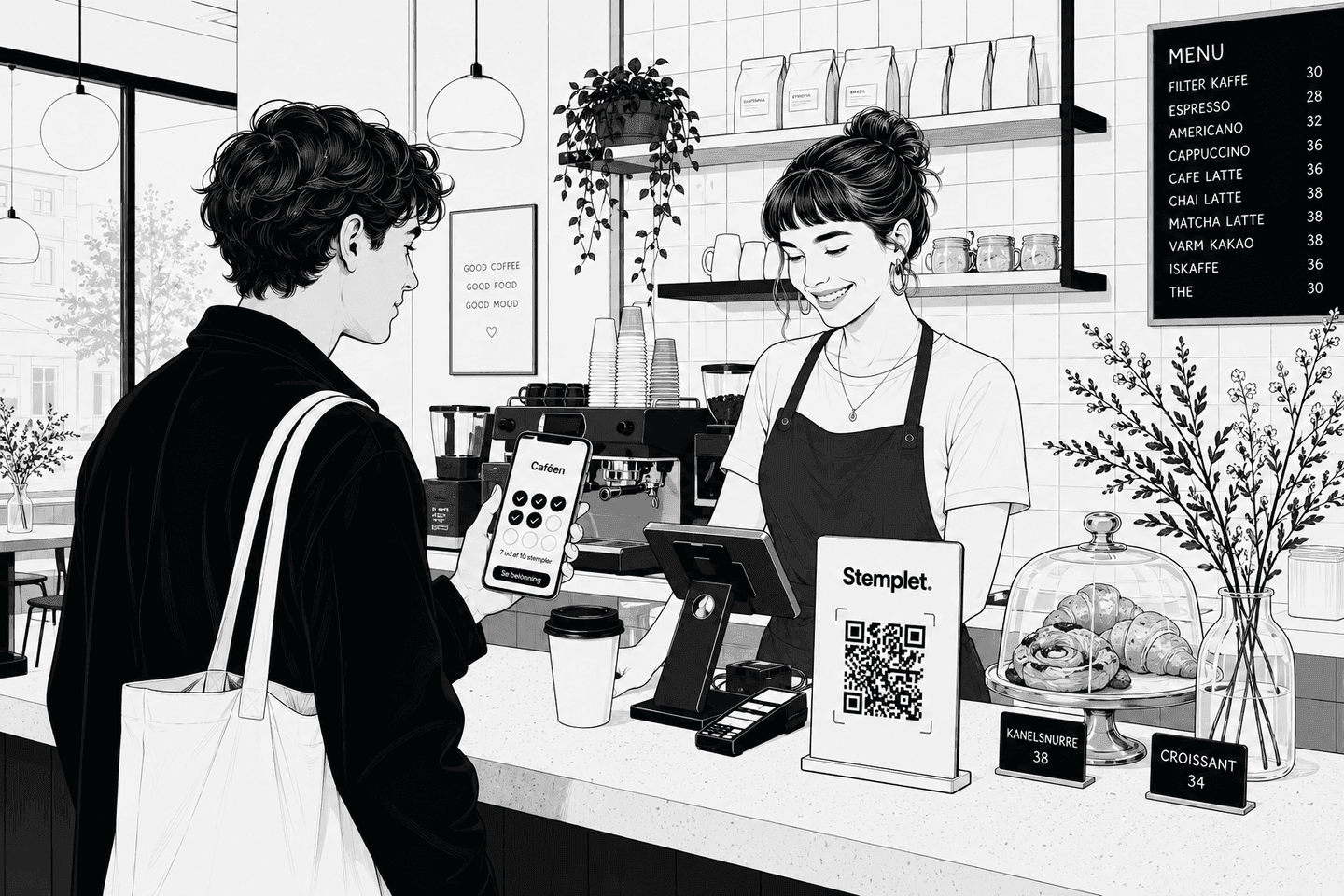 Kunde på caféen scanner Stemplet-koden og har sit stempelkort i Apple Wallet på telefonen.