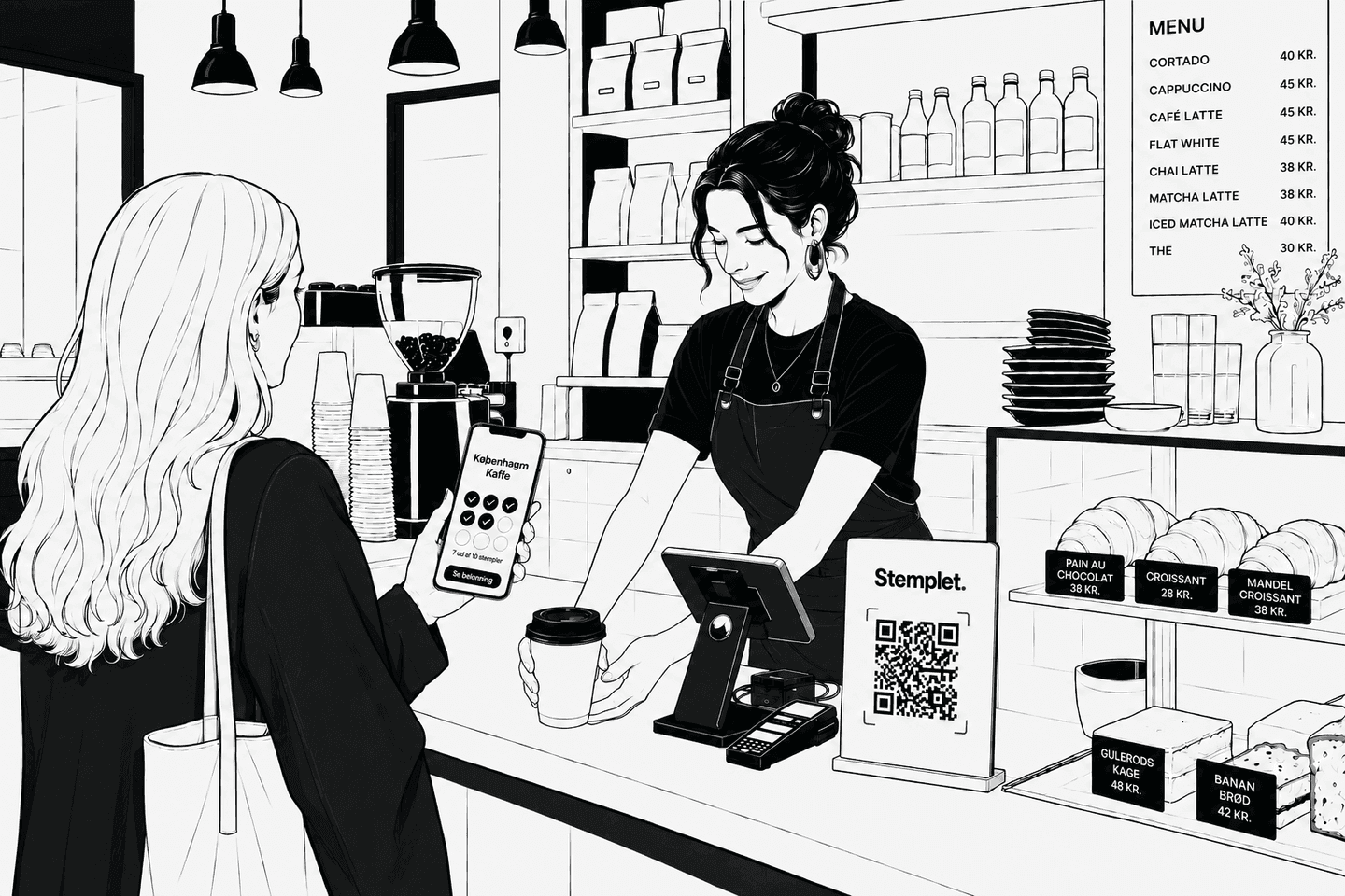 Kunde scanner Stemplet-koden på kaffebaren og har sit stempelkort med kaffe-stempler klar i Apple Wallet på telefonen.