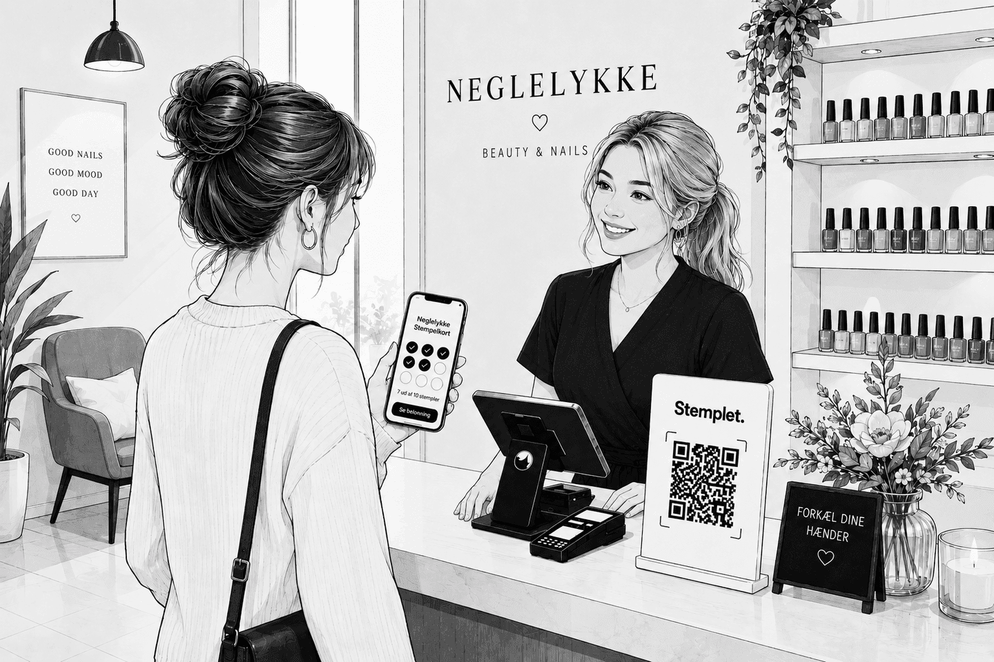Kunde i neglesalonen scanner Stemplet-koden og har sit stempelkort i Apple Wallet på telefonen.