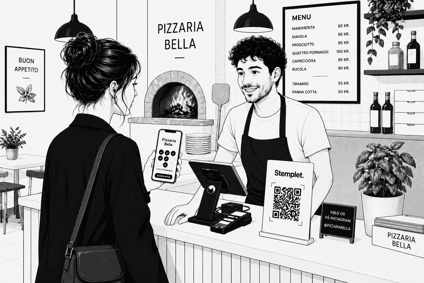Kunde i pizzeriaet scanner Stemplet-koden og har sit stempelkort i Apple Wallet på telefonen.